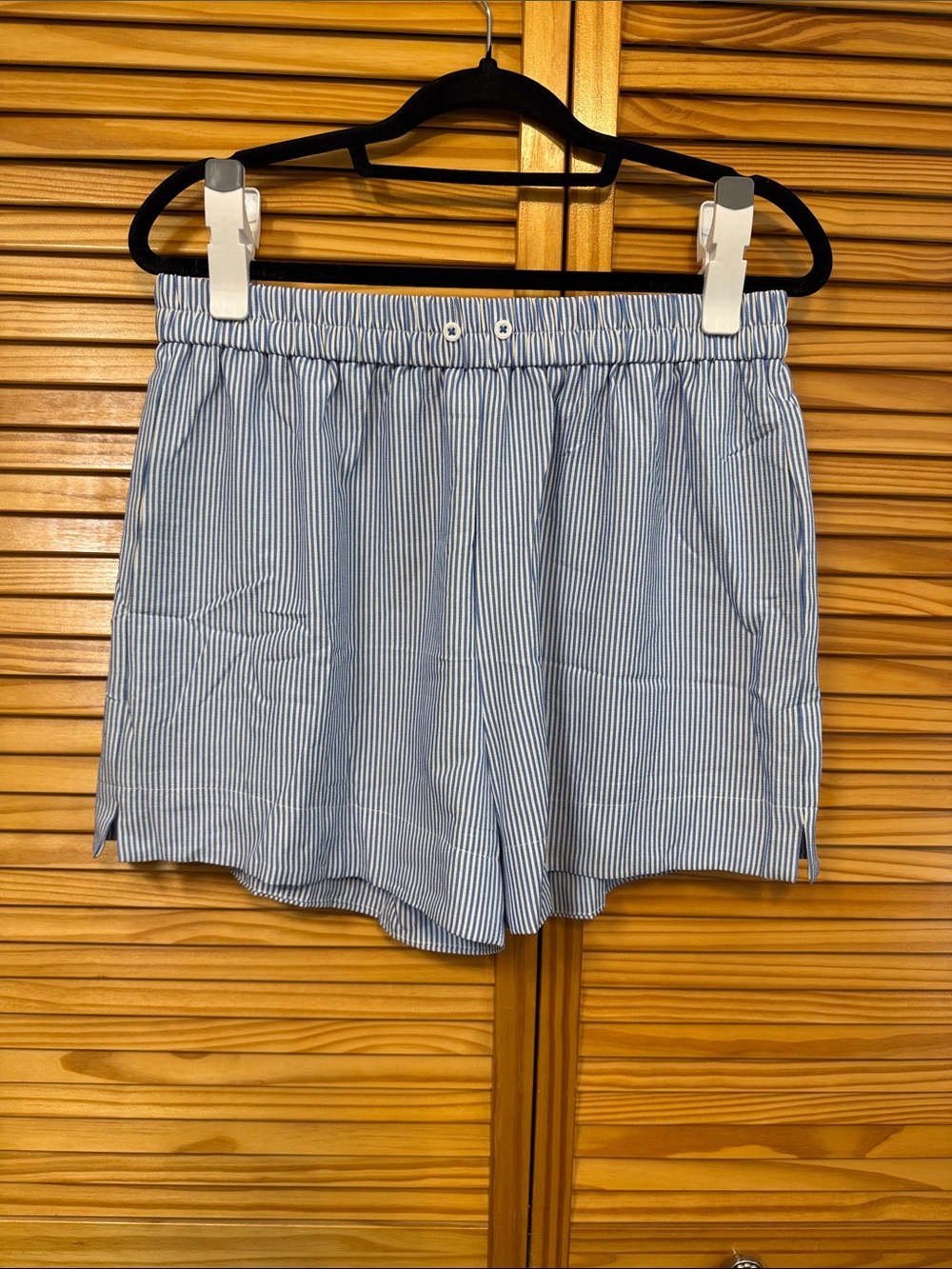 Striped Light Blue Women's Bermuda Shorts with Elastic Waist